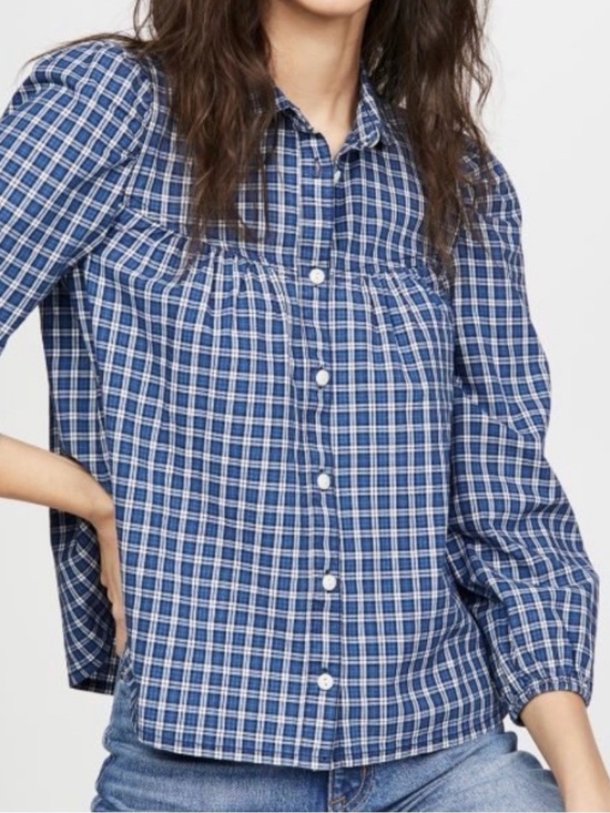 Madewell Tops - Madewell XXS Plaid Button Front Puff Sleeve Rounded Collar Blouse Top